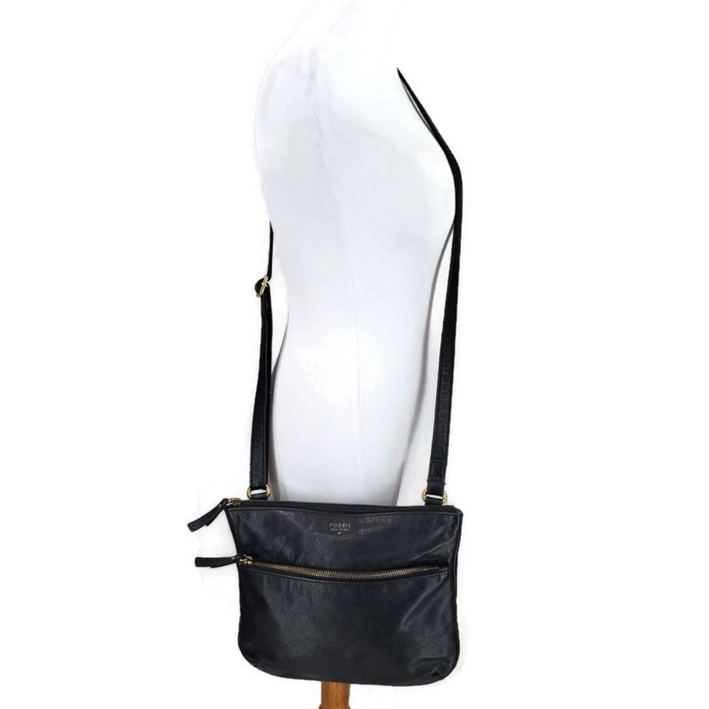 FOSSIL 1954 Black Pebbled Cowhide Leather Adjustable Crossbody Bag & Coin Purse - Picture 2 of 16